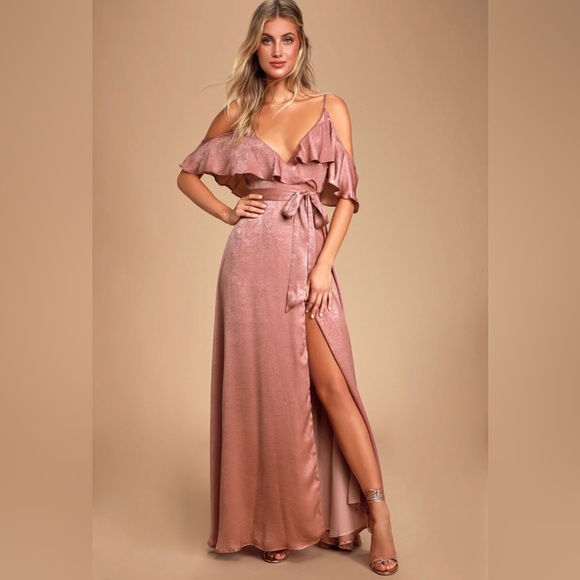 Lulus Dresses & Skirts - Moriah Rose Satin Cold-Shoulder Wrap Maxi Dress